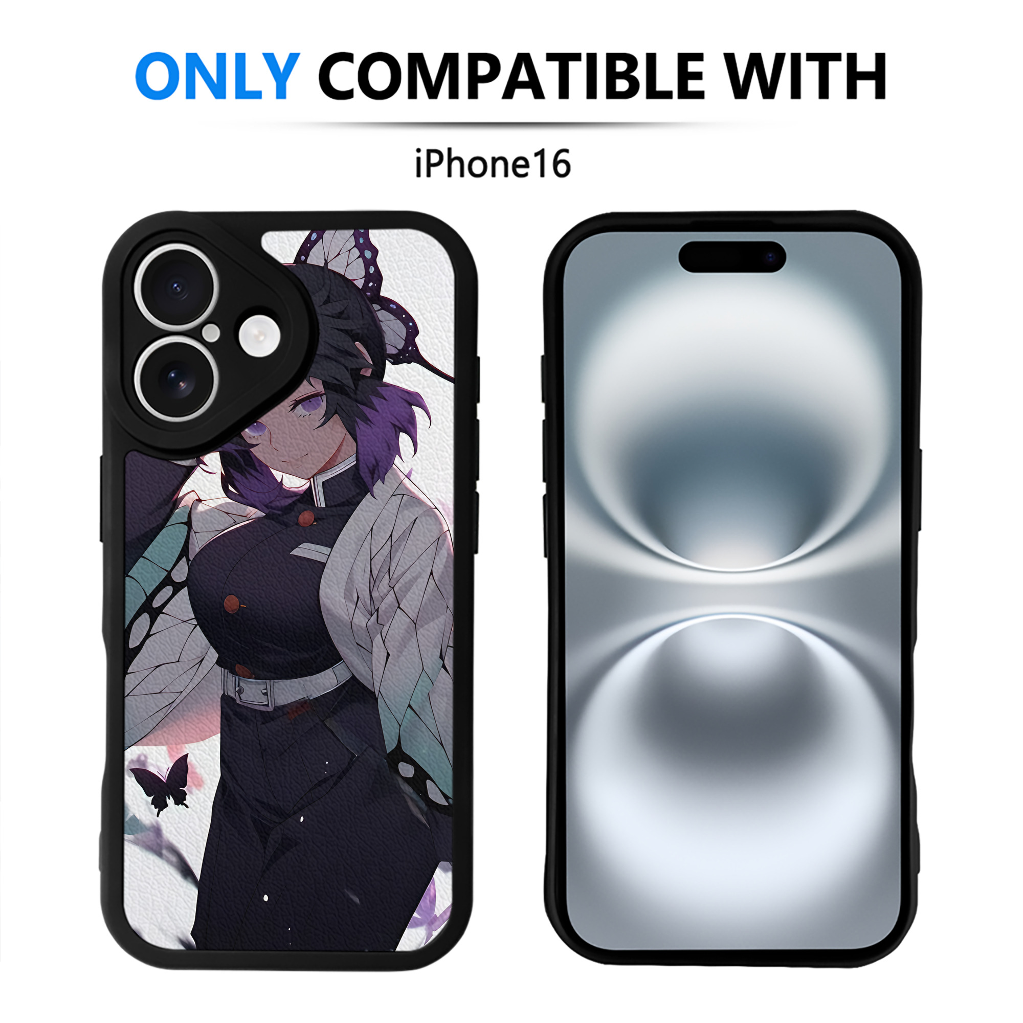 （画像用） 鬼滅の刃（きめつのやいば）蟲柱-胡蝶 しのぶ／こちょう しのぶ Kochou Shinobu 【iPhone 16シリーズ対応】シリコンスマホケース（レザー調） 材質：シリコン